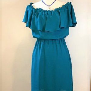 Express Off the Shoulder Sleeveless Polyester Solid Turquois Dress Lined Sz Med
